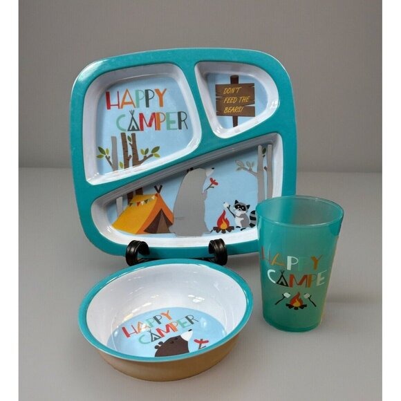 3 Piece Bass pro shop happy camper child’s Divided Plate Bowl And Cup Set - Picture 1 of 7